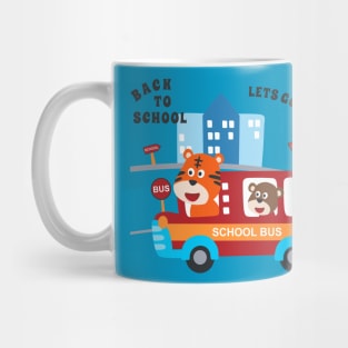 School bus cartoon. Cute animal in school bus. Mug